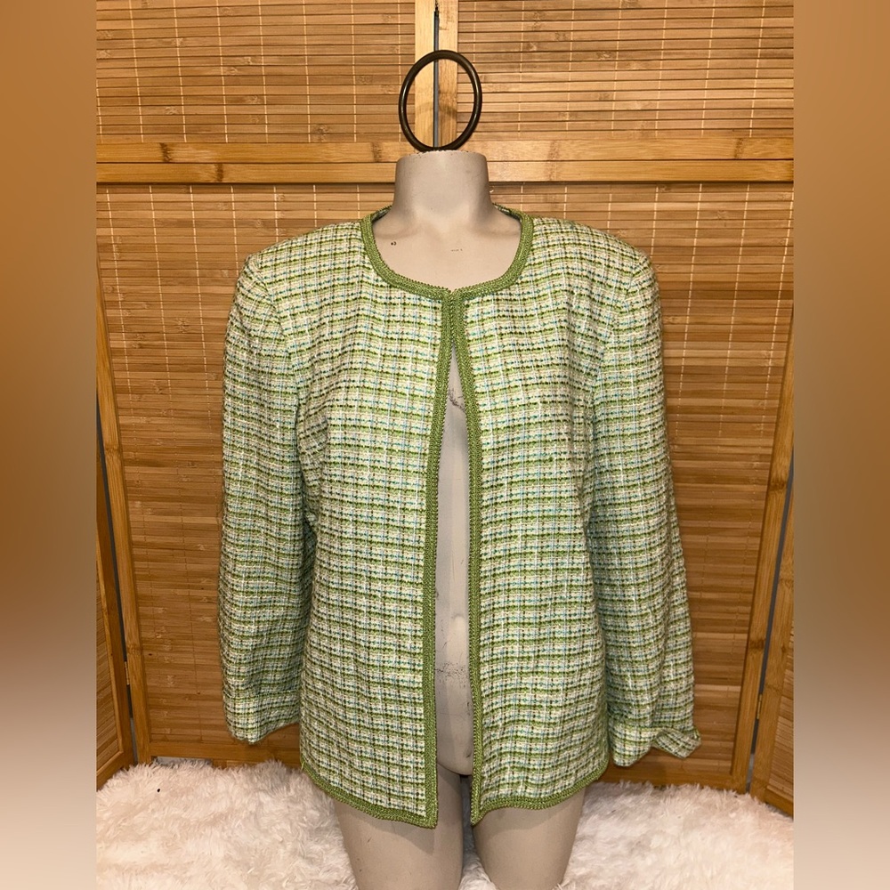 Sag Harbor tweed jacket green blue plaid open front jacket one hook blazer 12P
